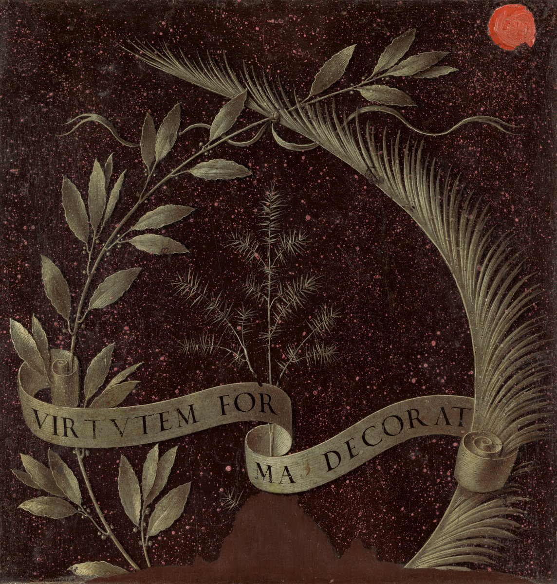 Wreath of laurel, palm, and juniper with a scroll inscribed virtutem forma decorat